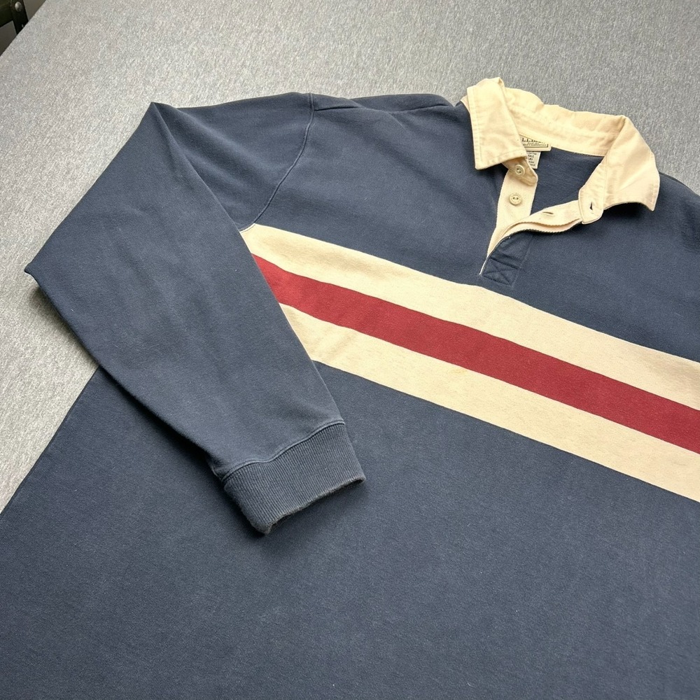 LL Bean Long Sleeve Rugby Shirt Mens XL Tall Blue Stripe Cotton Collared